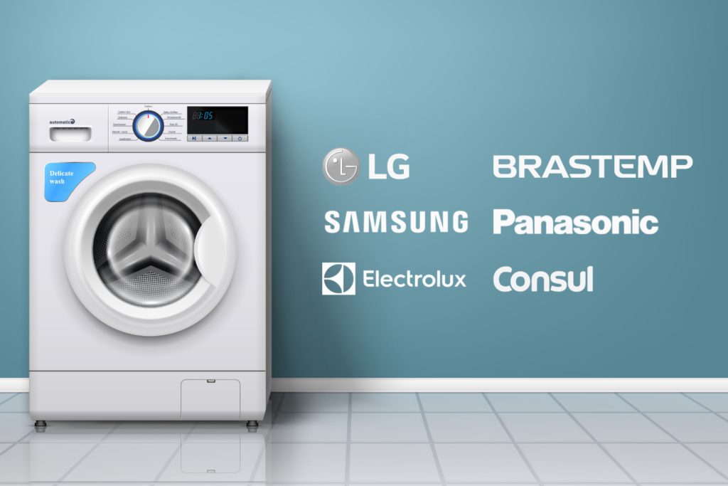 Uma máquina de lavar e ao lado a logo das marcas LG, Brastemp, Samsung, Panasonic, Electrolux e Consul.