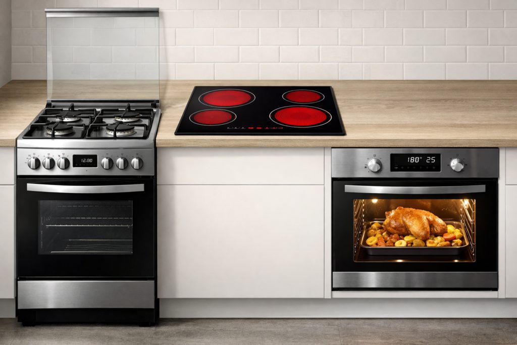 um fogão, cooktop e forno elétrico lado a lado