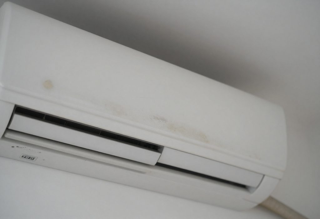 ar condicionado com mau cheiro, interior cheio de poeira e manchas escuras