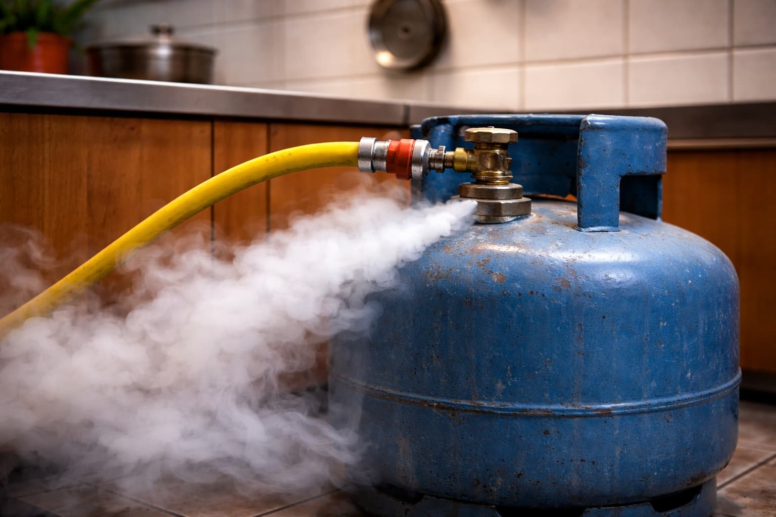gás vazando de botijão de cozinha azul