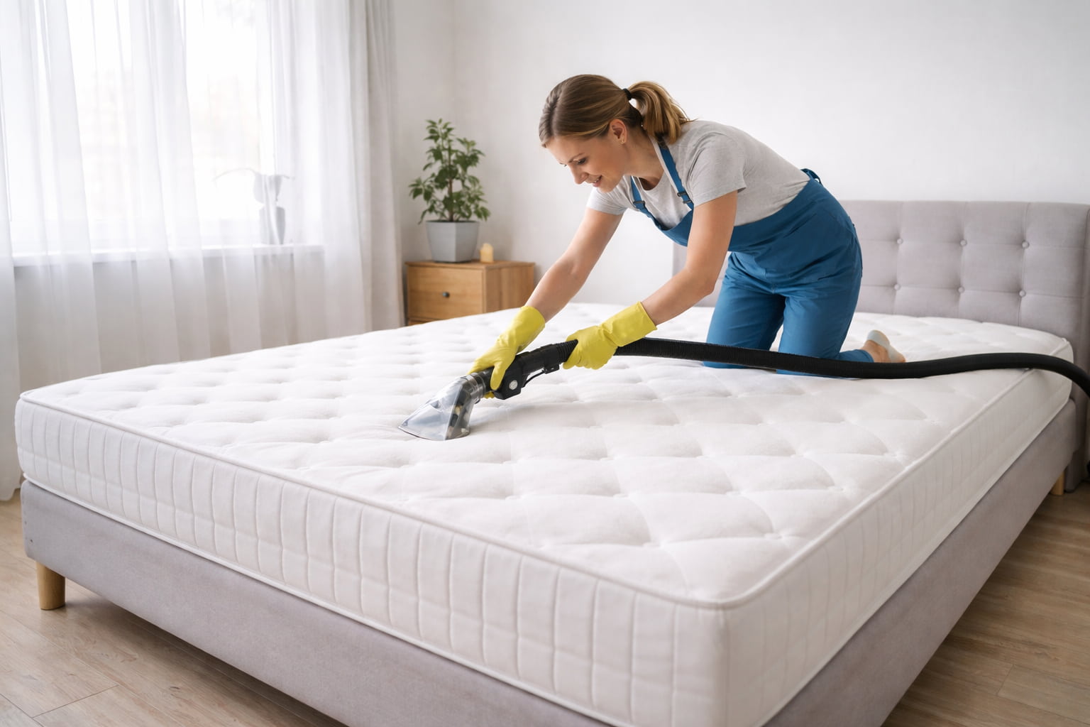 mulher limpando o colchão