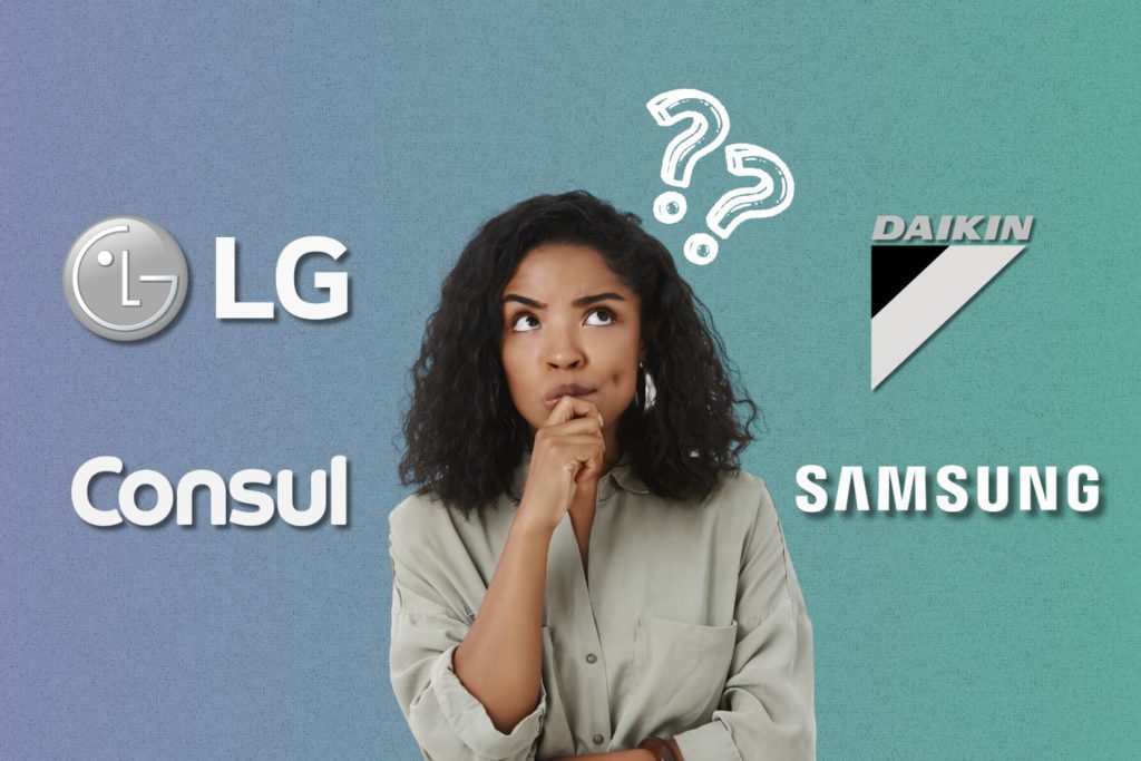 mulher em duvida com a logo das marcas LG, Daikin, Samsung e Consul em volta.